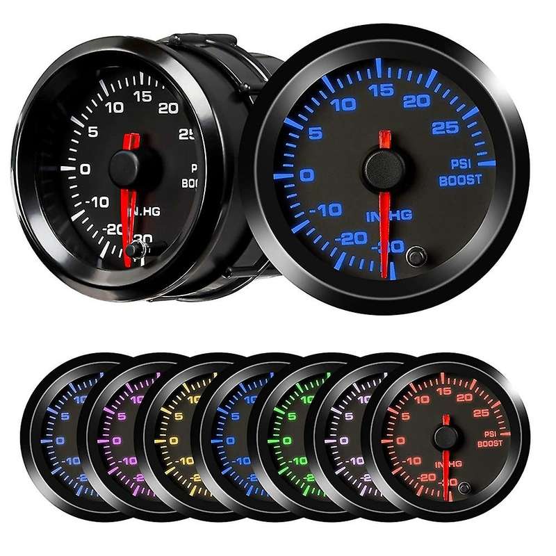 Turbo Boost Vacuum Gauge Kit, 7 Color 30 Psi 12V Auto Turbo Boost Meter Gauge with Black Dial for Ca