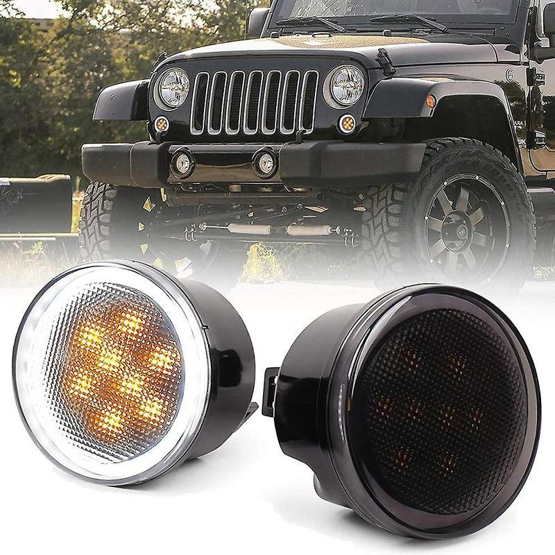 Turn Signal Lights White Halo Amber LED Smoke Lens Front Grille Parking Lights for 2007-2018 Wrangle