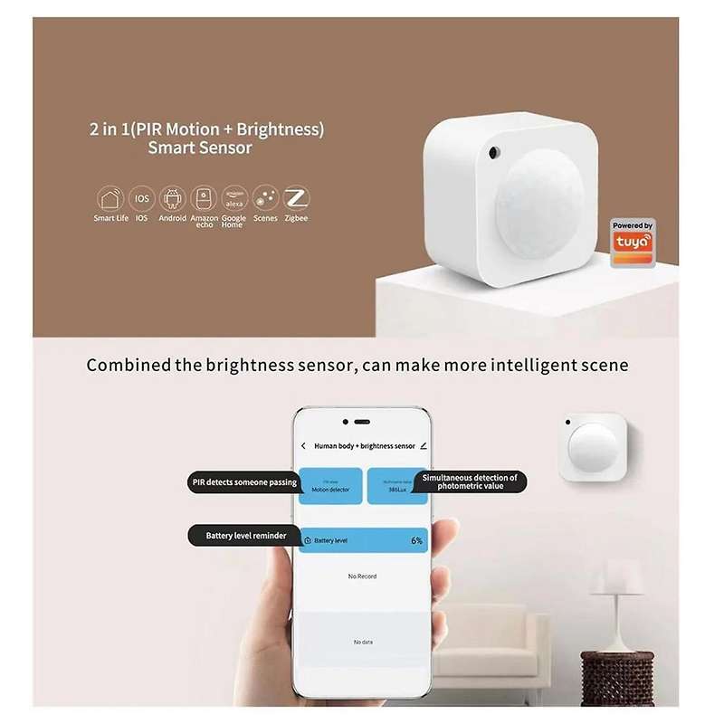Tuya 2 in 1 Smart Zigbee PIR Motion Sensor+Brightness Passive Infrared Detector Batttery Powered Bur