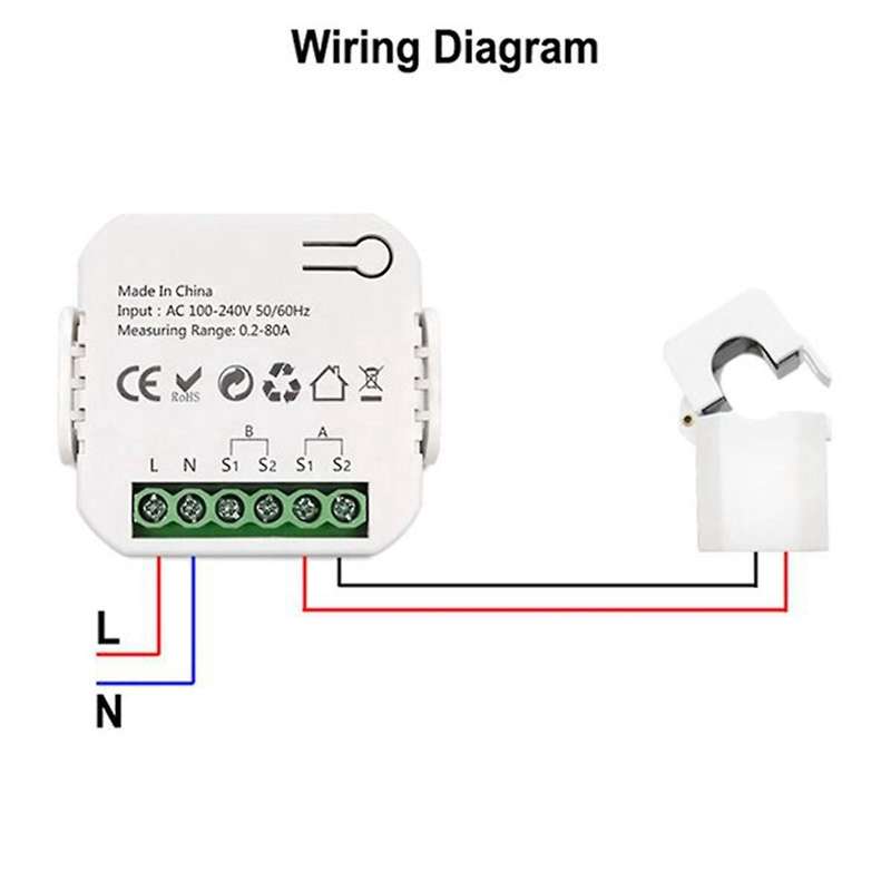Tuya Smart WiFi Energy Meter 1 Channel with Current Sensor App Monitor Export and Import Power 80A A