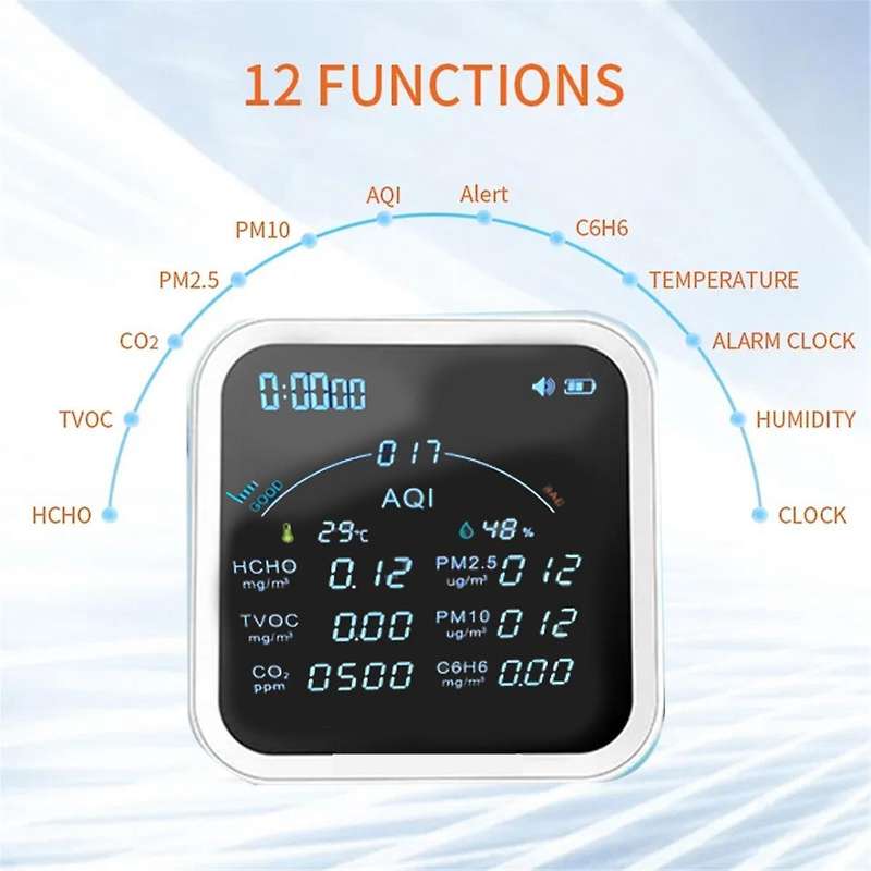 Tuya Wifi Co2 Hcho H6c6 Tvoc Pm2.5 Pm10 Meter Thermometer Hygrometer Clock Alarm Air Pollution Monit