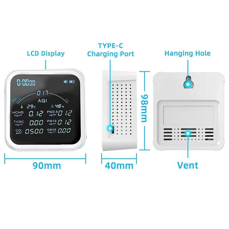 Tuya Wifi Co2 Hcho H6c6 Tvoc Pm2.5 Pm10 Meter Thermometer Hygrometer Clock Alarm Air Pollution Monit