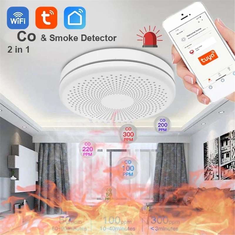 Tuya WiFi Carbon Monoxide Smoke Detector 2-In-1 Smoke Sensor Smart Life APP Control Fire Alarm Secur