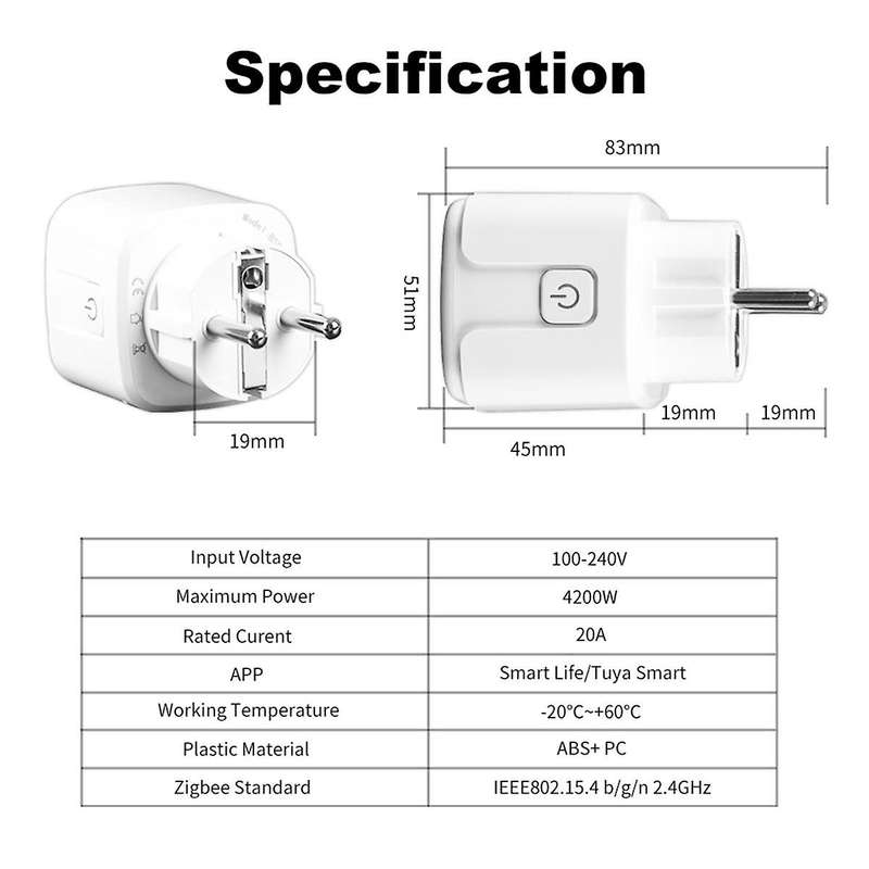 Tuya WiFi Smart Plug 20A EU Smart Socket with Power Monitor Timing Smart Life Support for Alexa Home