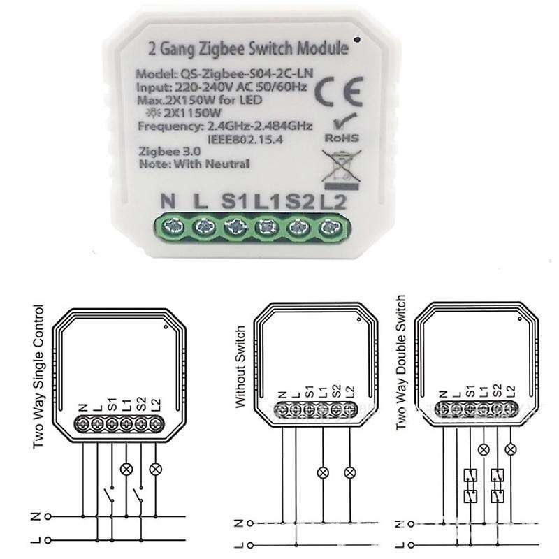 Tuya Zigbee 3.0 Smart Switch Module with Neutral Eu 220V 2 Way Wireless Light Switch Compatible Alex