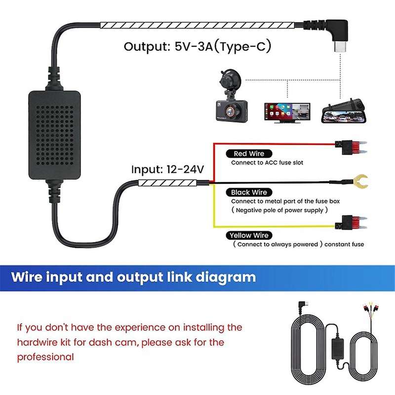 Universal 3.5M Car Dash CAM Wire 12/24V to 5V 3A Vehicle DVR Hardwire Cable Kit Video Camera Record