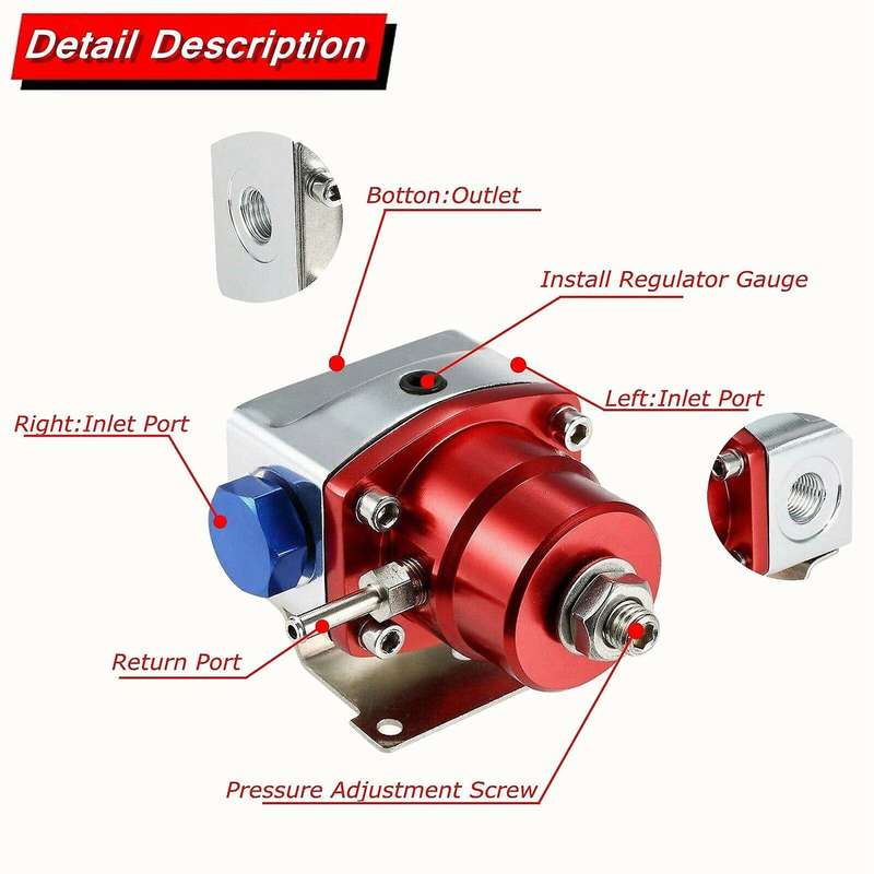 Universal Adjustable Fuel Pressure Regulator Kit with Oil Gauge 0-100 Psi-6AN Fitting End Red-Blue A
