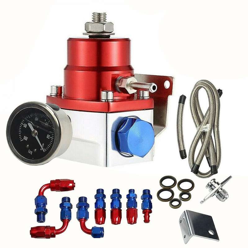 Universal Adjustable Fuel Pressure Regulator Kit with Oil Gauge 0-100 Psi-6AN Fitting End Red-Blue A