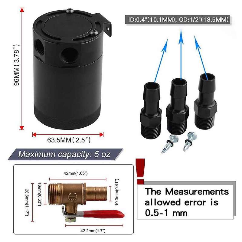 Universal Aluminum Alloy 3-Port Oil Catch Can+Oil Drain Valve,2 Inlets 1 Outlet-Black