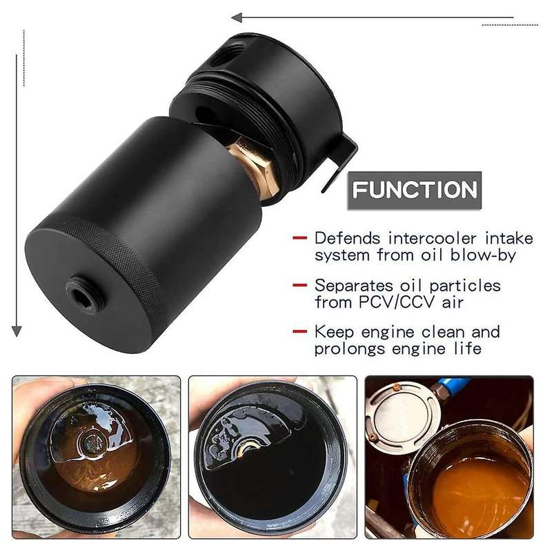 Universal Aluminum Alloy 2-Port Oil Catch Can+Oil Drain Valve, 1 Inlet 1 Outlet-Black