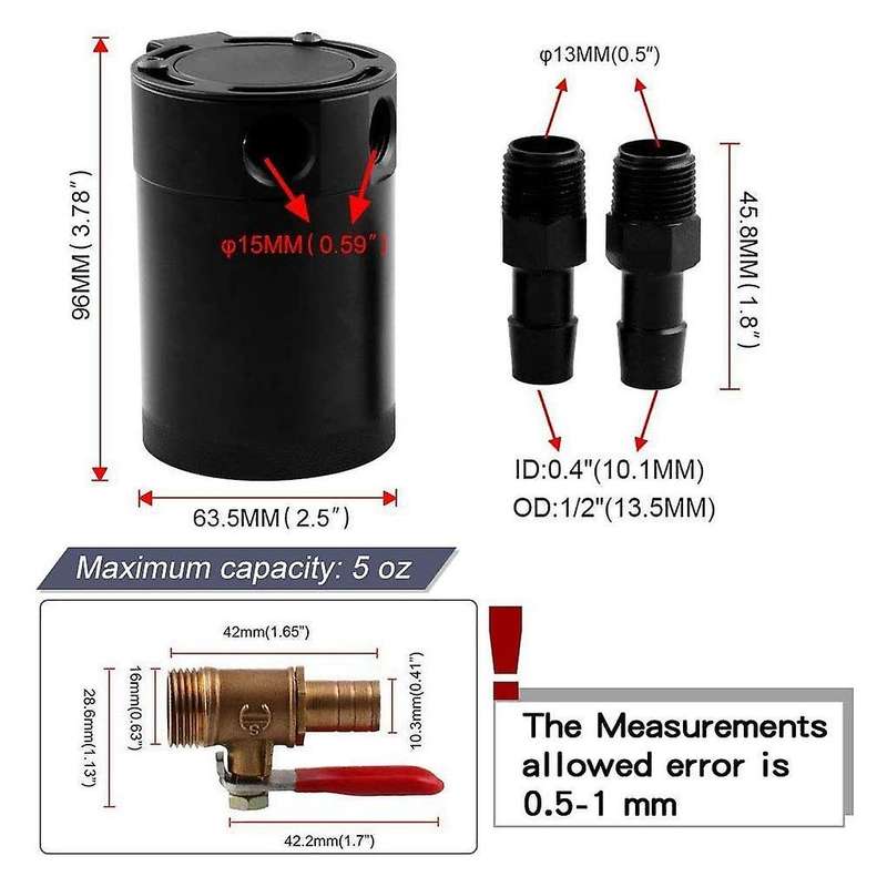 Universal Aluminum Alloy 2-Port Oil Catch Can+Oil Drain Valve, 1 Inlet 1 Outlet-Black