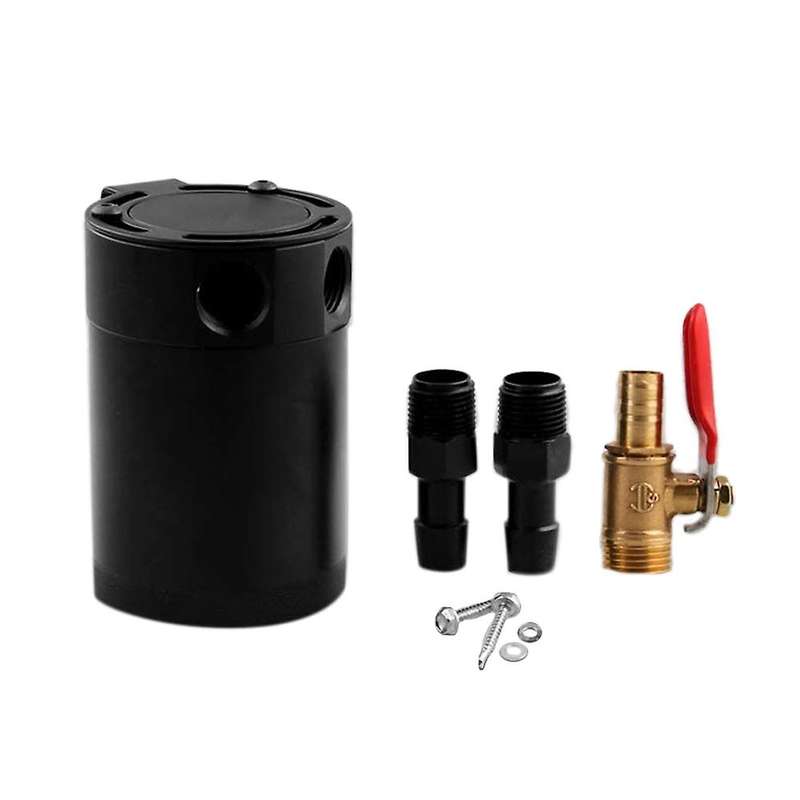 Universal Aluminum Alloy 2-Port Oil Catch Can+Oil Drain Valve, 1 Inlet 1 Outlet-Black