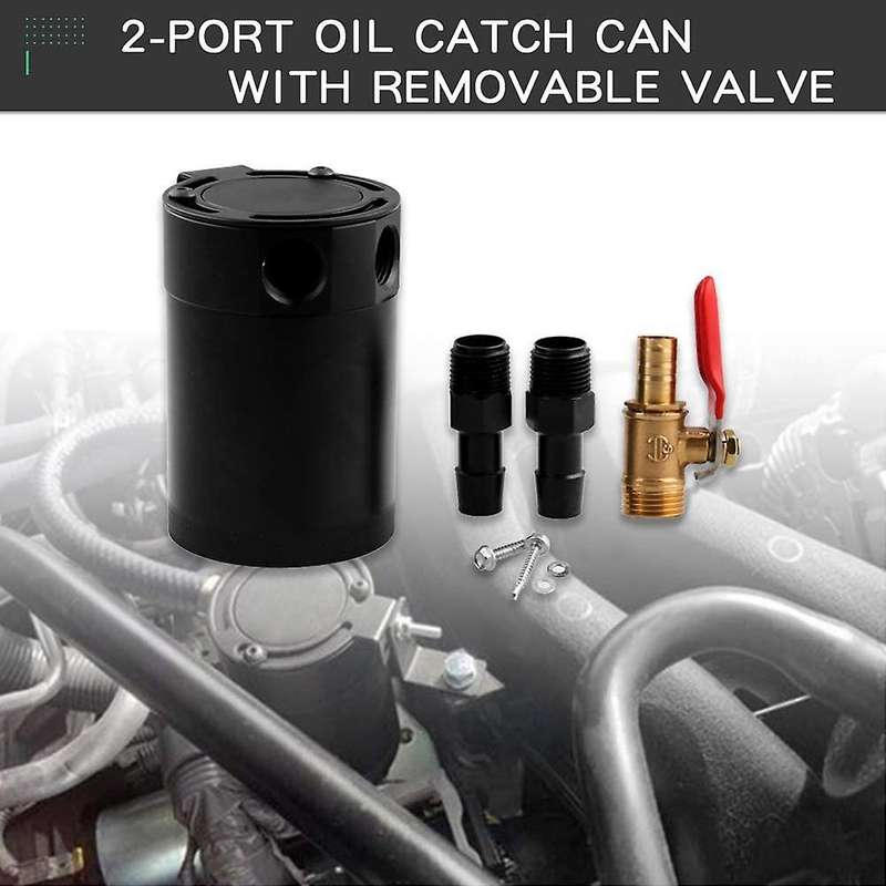 Universal Aluminum Alloy 2-Port Oil Catch Can+Oil Drain Valve, 1 Inlet 1 Outlet-Black