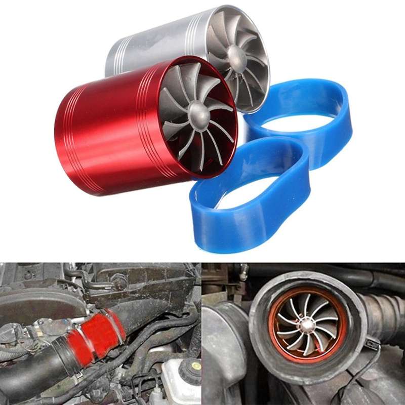 Universal Car Double Turbine Turbo Charger Air Intake Gas Fuel Saver Fan Auto Car Supercharger Silve