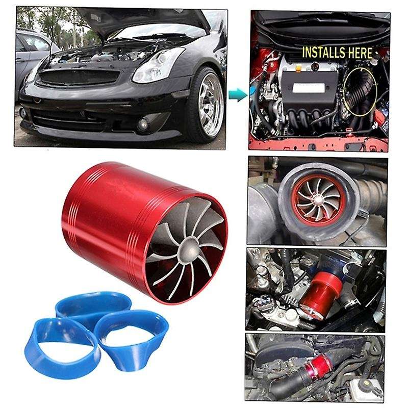 Universal Car Double Turbine Turbo Charger Air Intake Gas Fuel Saver Fan Auto Car Supercharger Silve