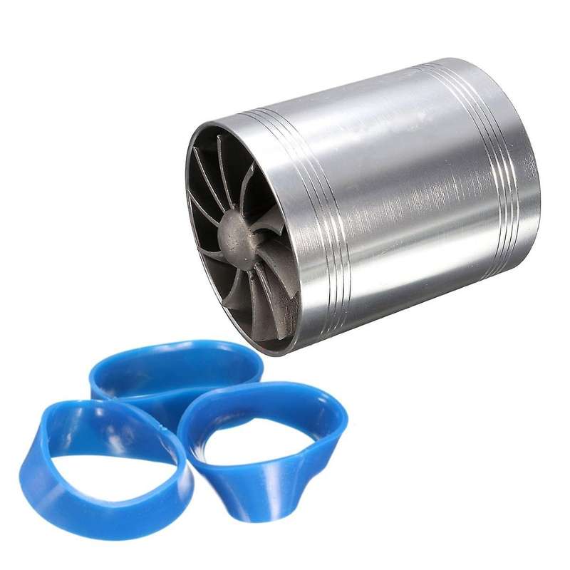 Universal Car Double Turbine Turbo Charger Air Intake Gas Fuel Saver Fan Auto Car Supercharger Silve