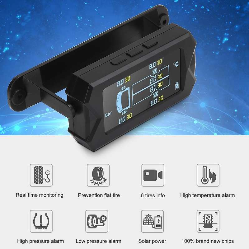 Universal TPMS Wireless Tire Pressure Monitoring System Solar Power LCD Display 6 External Sensor fo