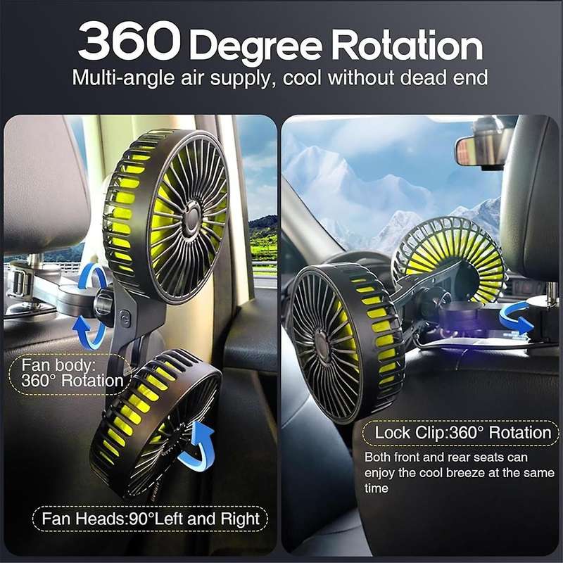 USB Car Cooling Fans for Backseat, Dual Head Car Fan for Kids 3 Speeds 360 Rotatable Vehicle Rear