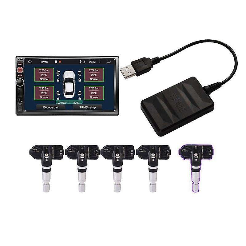 USB Spare Tire Pressure Monitoring System TPMS Built-in 5 Sensors Real-Time Display for Android Navi