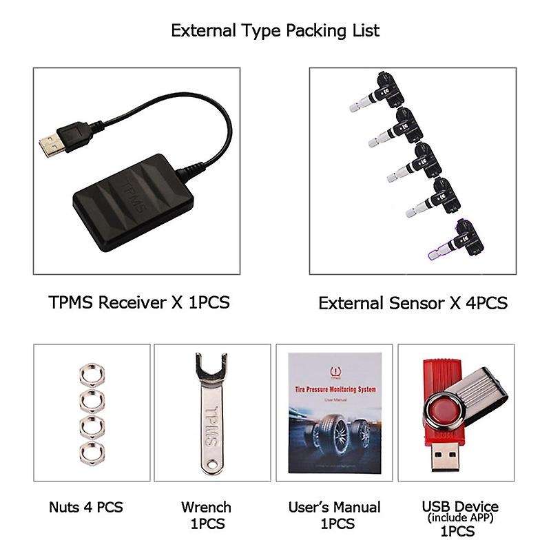 USB Spare Tire Pressure Monitoring System TPMS Built-in 5 Sensors Real-Time Display for Android Navi