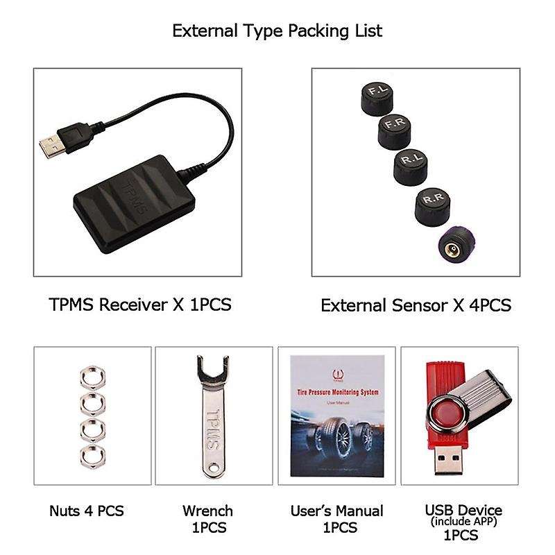 USB Spare Tire Pressure Monitoring System TPMS External 5 Sensors Real-Time Display for Android Navi
