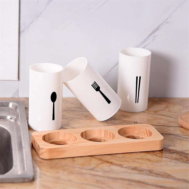 Utensil Holder for Kitchen Counter with Wooden Base Large Round Cooking Utensil Holder
