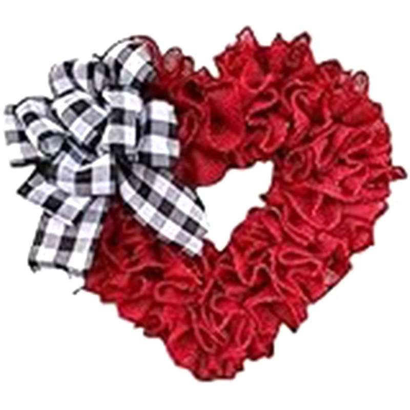 Valentine Day Heart Wreath Red Love Heart Shaped Door Wreath with Checkered Bow Romantic Fabric Welc