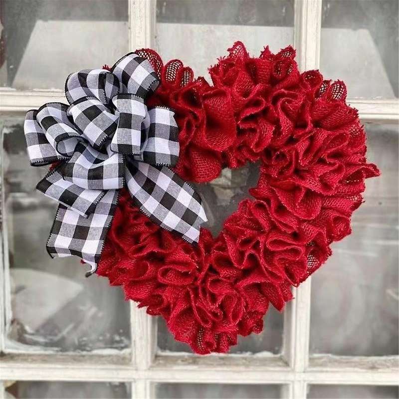 Valentine Day Heart Wreath Red Love Heart Shaped Door Wreath with Checkered Bow Romantic Fabric Welc