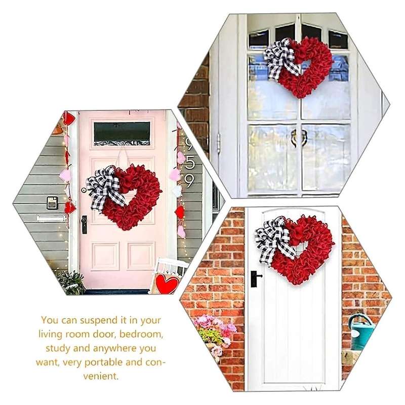Valentine Day Heart Wreath Red Love Heart Shaped Door Wreath with Checkered Bow Romantic Fabric Welc