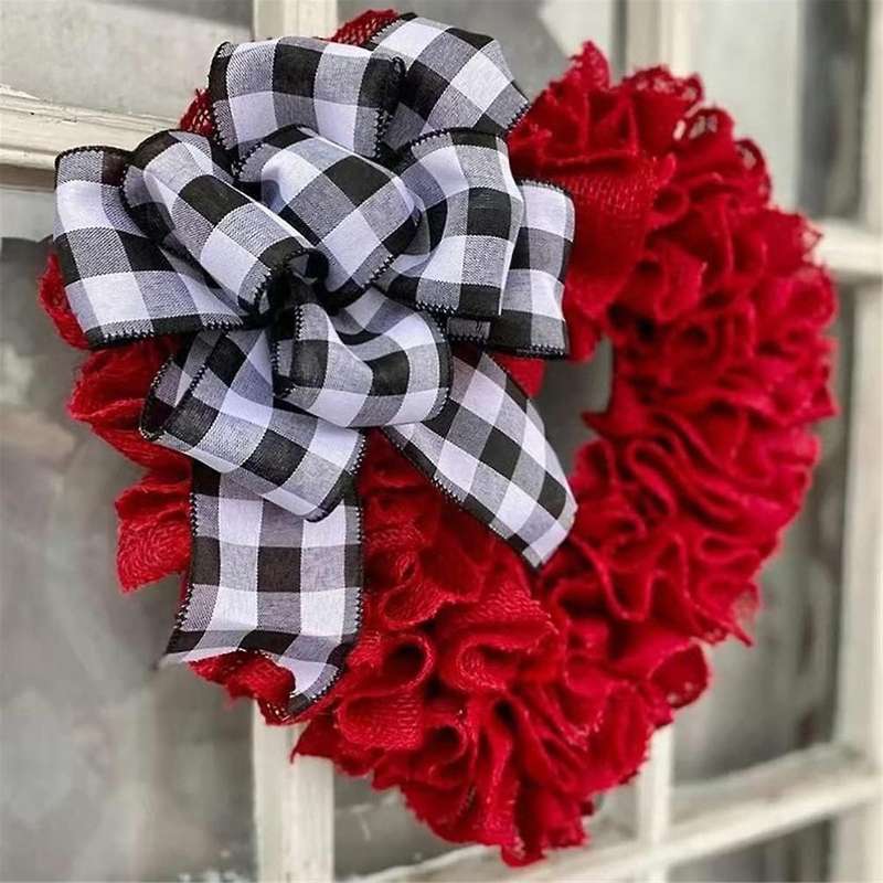 Valentine Day Heart Wreath Red Love Heart Shaped Door Wreath with Checkered Bow Romantic Fabric Welc