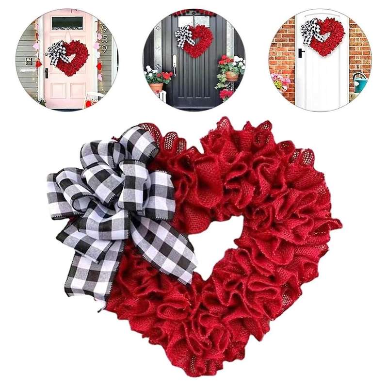 Valentine Day Heart Wreath Red Love Heart Shaped Door Wreath with Checkered Bow Romantic Fabric Welc