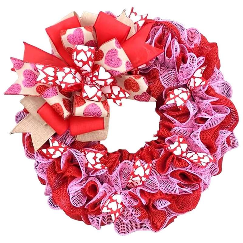 Valentine's Day Fabric Wreath, Artificial Spring Wreaths with Bows Garland Decoration for Holiday Fe