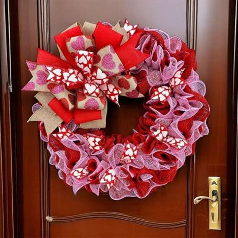 Valentine's Day Fabric Wreath, Artificial Spring Wreaths with Bows Garland Decoration for Holiday Fe