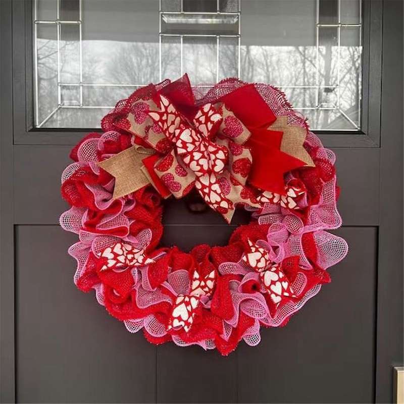 Valentine's Day Fabric Wreath, Artificial Spring Wreaths with Bows Garland Decoration for Holiday Fe
