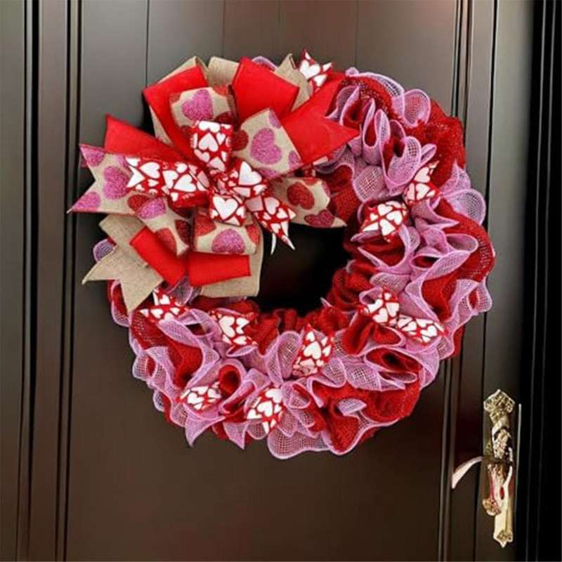 Valentine's Day Fabric Wreath, Artificial Spring Wreaths with Bows Garland Decoration for Holiday Fe