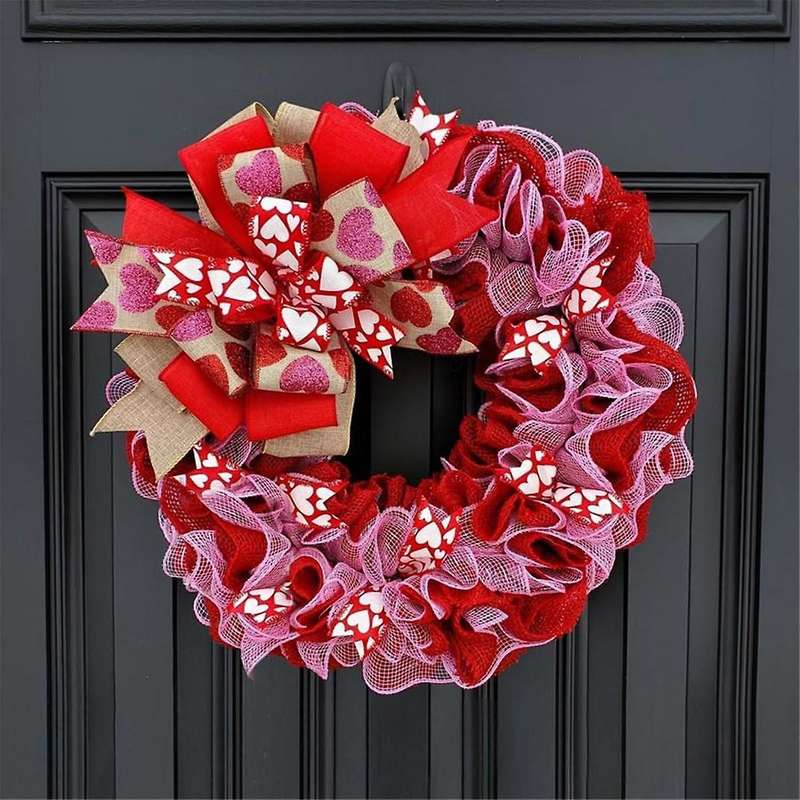 Valentine's Day Fabric Wreath, Artificial Spring Wreaths with Bows Garland Decoration for Holiday Fe