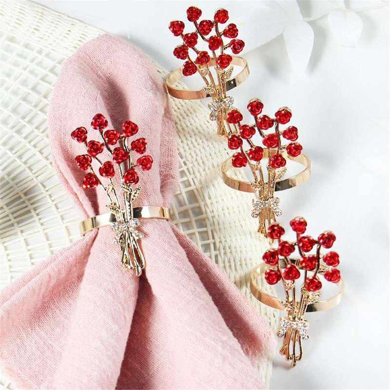 Valentine Roses Napkin Rings Set of 12-Handmade Dining Table Napkin Holder Wedding Festive Party Gi