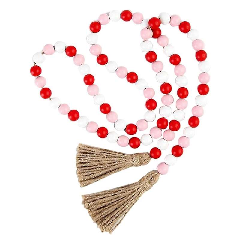 Valentine's Day Wood Bead Garland with , Rustic Wooden Bead Decor Farmhouse Beads Big Wall Hanging D