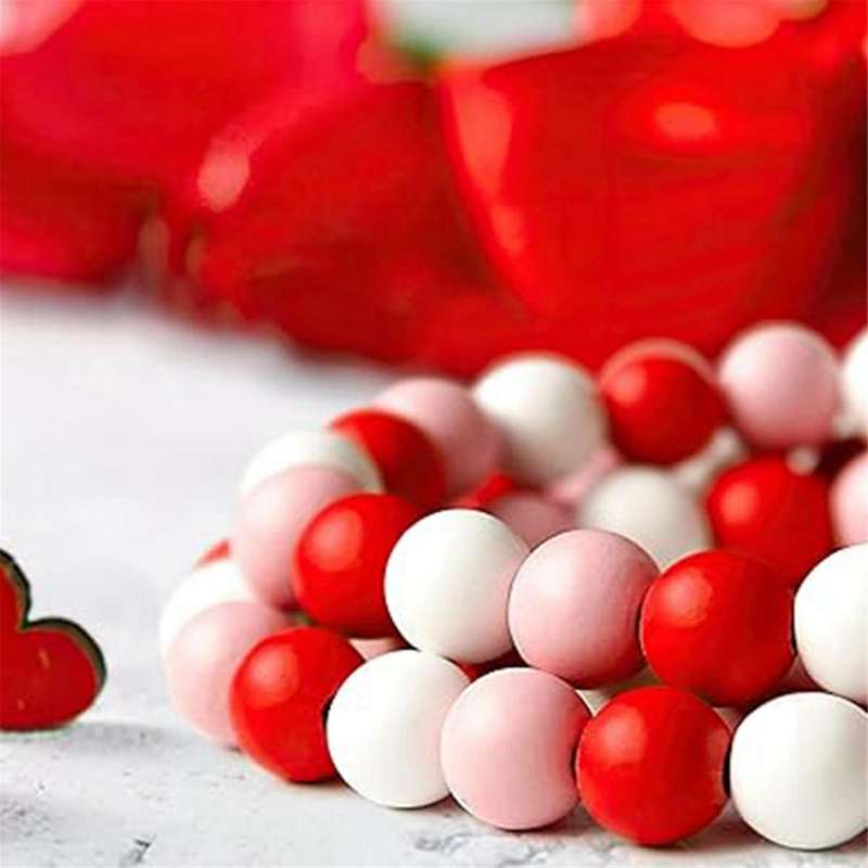 Valentine's Day Wood Bead Garland with , Rustic Wooden Bead Decor Farmhouse Beads Big Wall Hanging D