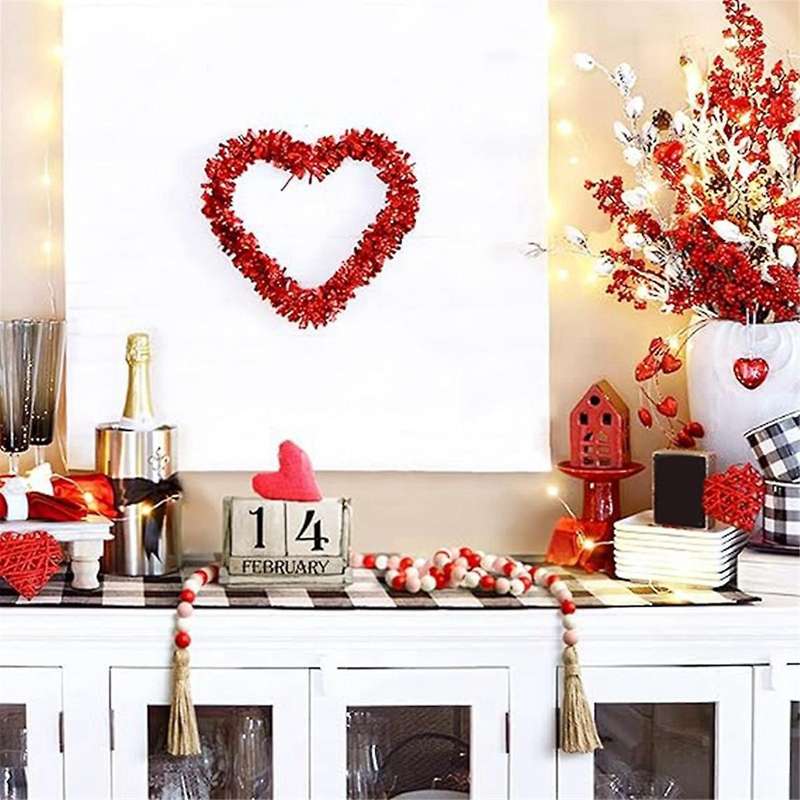 Valentine's Day Wood Bead Garland with , Rustic Wooden Bead Decor Farmhouse Beads Big Wall Hanging D