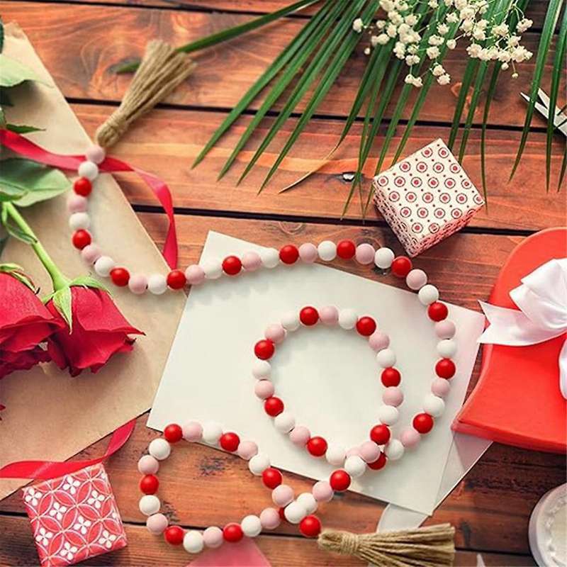 Valentine's Day Wood Bead Garland with , Rustic Wooden Bead Decor Farmhouse Beads Big Wall Hanging D