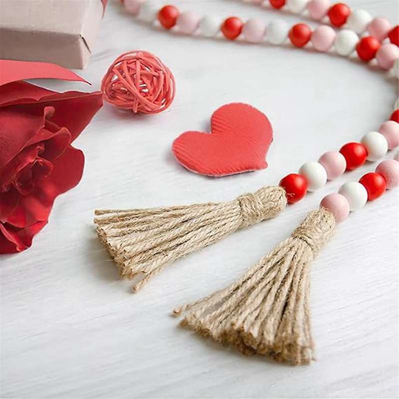 Valentine's Day Wood Bead Garland with , Rustic Wooden Bead Decor Farmhouse Beads Big Wall Hanging D