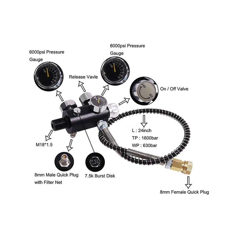 Valve Scuba Adapter with Gauge Tank Filling Station Refill for Air Tank Bottle Cylinder Accessories