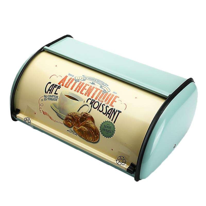 Vintage Bread Box Storage Bin Rollup Top Light Blue Small Coated Bread Iron Boxes Food Containerfor