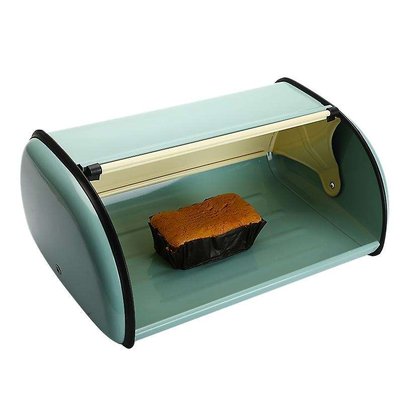 Vintage Bread Box Storage Bin Rollup Top Light Blue Small Coated Bread Iron Boxes Food Containerfor