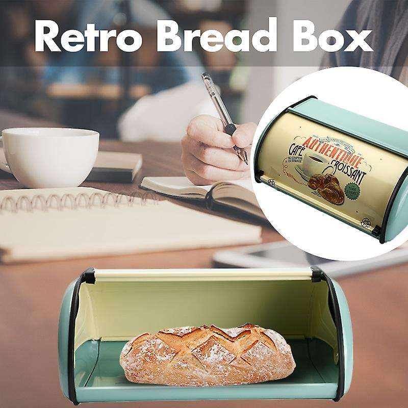 Vintage Bread Box Storage Bin Rollup Top Light Blue Small Coated Bread Iron Boxes Food Containerfor