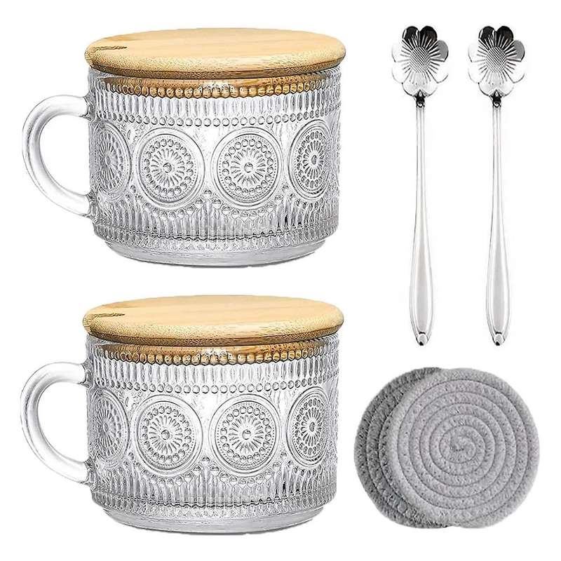 Vintage Coffee Glass Mugs Set of 2, Glass Coffee Tea Cups with Bamboo Lids, Coaster and Spoons,15Oz