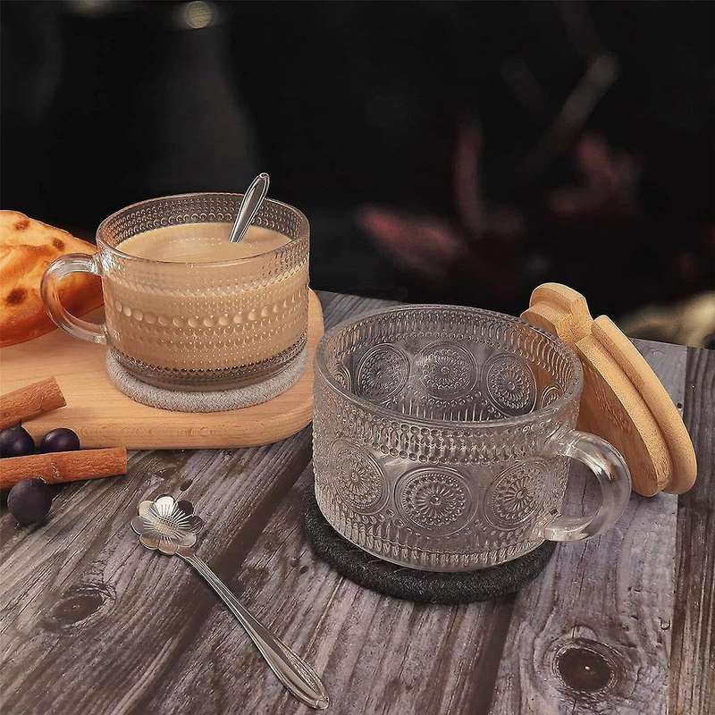 Vintage Coffee Glass Mugs Set of 2, Glass Coffee Tea Cups with Bamboo Lids, Coaster and Spoons,15Oz