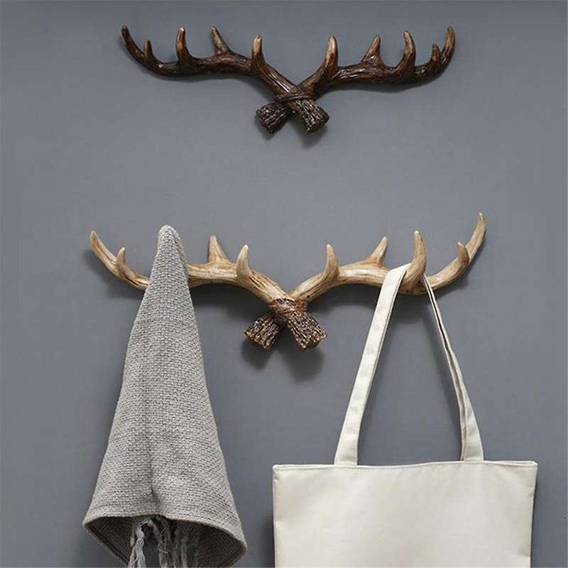 Vintage Deer Horn Hook Resin Key Hooks Holder Wall Mounted Cap Coat Hanger Rack Living Room Bathroom