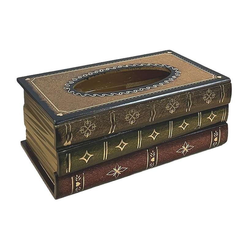 Vintage Stacked Books Design Solid Wood Tissue Box Holder Rectangular with Easy Refill Hinged Top,ye